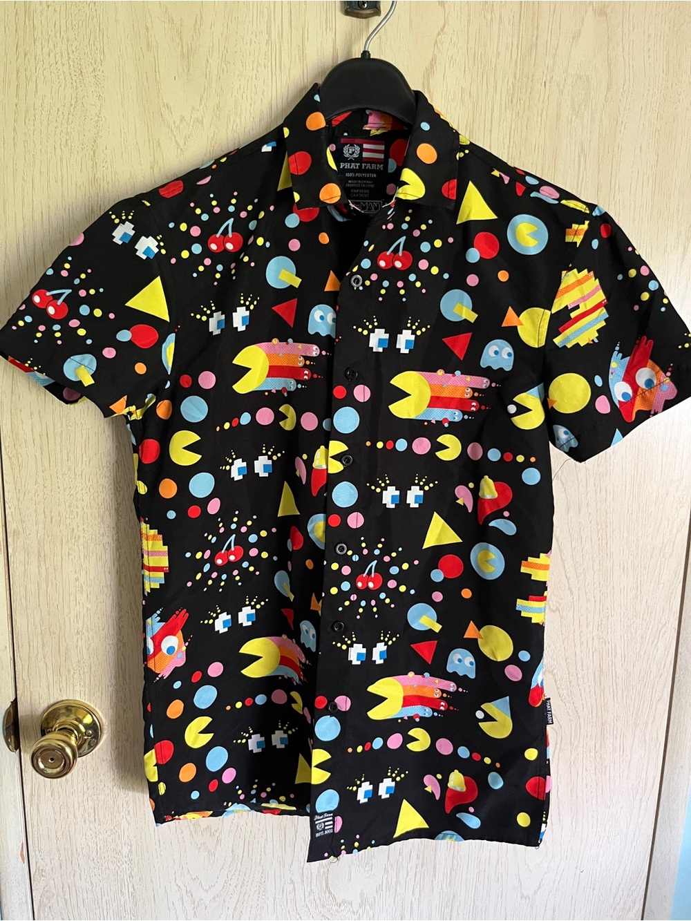 Vintage MEN'S PAC-MAN PHAT FARM SHORT SLEEVE Button Up SHIRT SIZE S